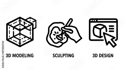 Digital three-dimensional creative process icons including complex 3D modeling wireframes, artistic digital sculpting techniques, and web-based 3D design software tools.