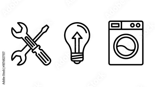 Home Appliance Maintenance and Repair Service Line Icons with Tools Lightbulb and Washing Machine Concepts