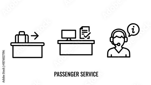 Airport Passenger Service and Customer Support Line Icons Including Information Desk and Baggage Check In