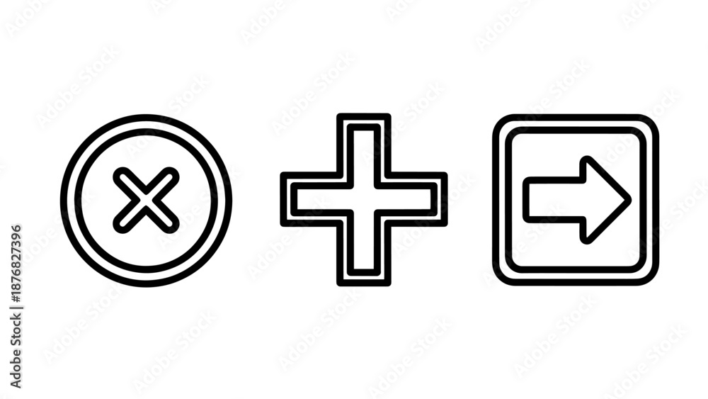 Fototapeta premium Common User Interface Symbols Including Cancel Mark Add Plus and Proceed Arrow Icons