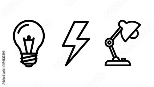 Energy and Creative Idea Icons with Light Bulb Lightning Bolt and Desk Lamp
