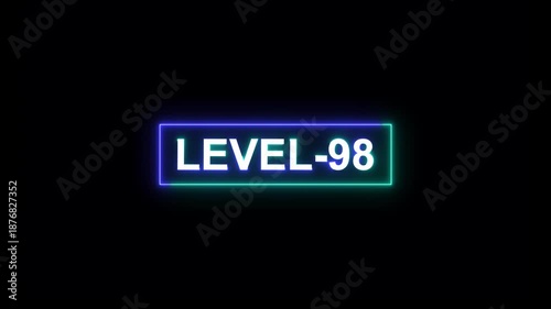 abstract neon level-98 text animation on black background.gaming level and upper level concept.