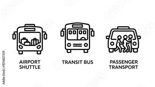 Public Transit Bus Icons Featuring Airport Shuttle and Passenger Transport Services