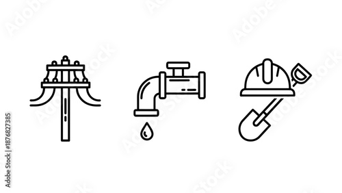 Public Utility and Infrastructure Icons Showing Power Pylon Water Supply and Construction Work