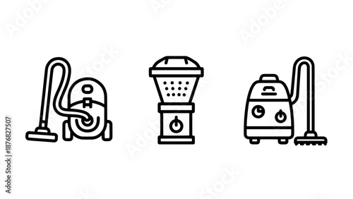 Line art icons of cleaning appliances: a canister vacuum cleaner, a standing fan or air purifier, and a compact vacuum cleaner with hose.