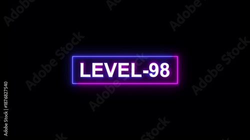 abstract neon level-98 text animation on black background.gaming level and upper level concept.