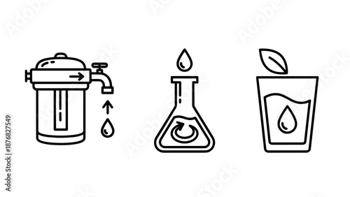 Icons illustrating water purification and consumption: a water filter system, a lab flask with a swirl indicating purity, and a glass of clean water.