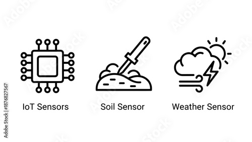 Icons for sensor technology: a central processing unit for IoT Sensors, a soil sensor probe, and a weather sensor with cloud and sun.