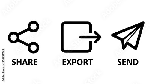 Outline icons symbolizing sharing, export, and sending, depicted as a share icon, export arrow, and paper airplane.