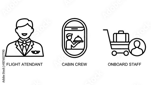 Outline icons for airline crew: flight attendant, cabin crew member serving food, and onboard staff with luggage cart.