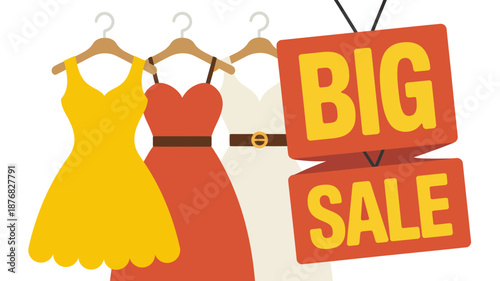 Big sale sign with dresses on hangers illustration