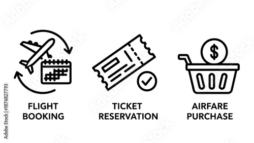 Outline icons for flight booking, ticket reservation, and airfare purchase, representing travel planning and booking services.
