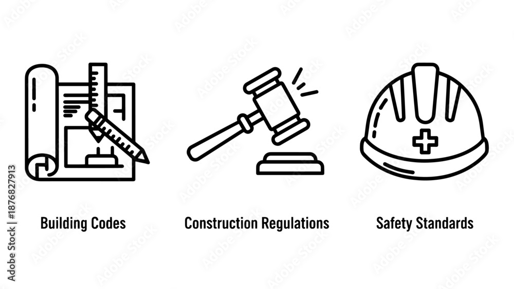Fototapeta premium Simple icons for building codes, construction regulations, and safety standards, featuring blueprint, gavel, and hard hat.