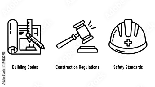 Simple icons for building codes, construction regulations, and safety standards, featuring blueprint, gavel, and hard hat.
