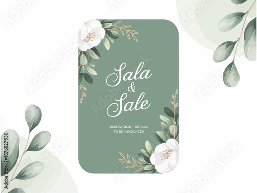 Elegant sala & sale event announcement card with watercolor flowers and botanical accents