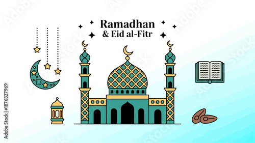 Ramadan and eid al fitr illustration with mosque and moon