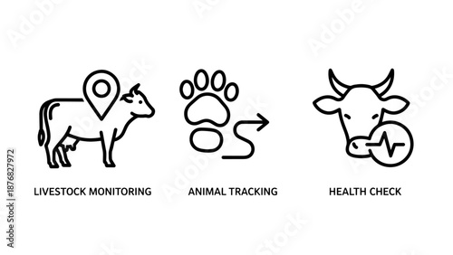 Livestock Monitoring and Animal Tracking Veterinary Health Check Icons for Smart Cattle Management