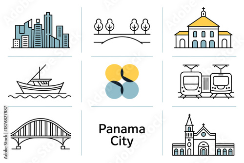 Collection of line art icons illustrating key landmarks, transportation, and nature of panama city