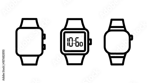 Digital Smartwatch and Wristwatch Line Icons Representing Modern Timekeeping Technology