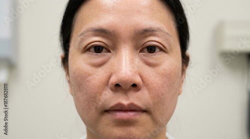 Subclinical Hypothyroidism Early Physical Signs, Adult Face Close Up with Subtle Periorbital Puffiness and Dry Skin Texture