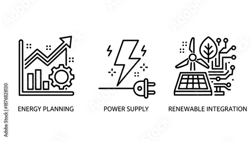 Sustainable Energy Planning and Renewable Integration Icons for Power Supply and Solar Wind Tech
