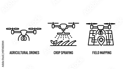 Agricultural Drone Technology Icons for Crop Spraying and Precision Field Mapping in Farming