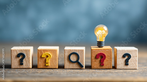 Wooden blocks with symbols and a light bulb on a wooden surface.