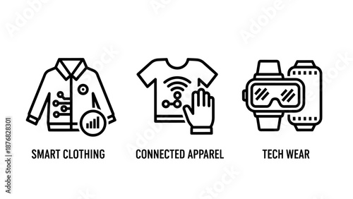 Smart Clothing Technology Icons: Jacket, T-Shirt, and VR Goggles