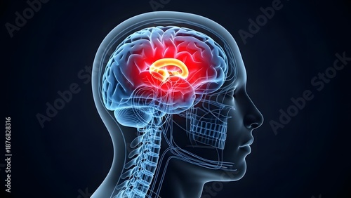 Limbic system and emotional brain center anatomy. Neurology and memory function. Side view of a transparent head with the brain and a highlighted yellow hippocampus structure