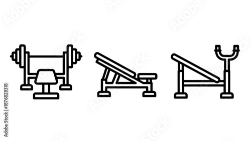 Gym Equipment Icons: Weight Bench, Barbells, and Strength Training Machine