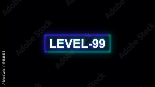 abstract neon level-99 text animation on black background.gaming level and upper level concept.