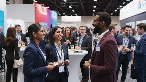 Networking at a Business Conference - A diverse group of business professionals are networking at a conference, exchanging business cards and having conversations.