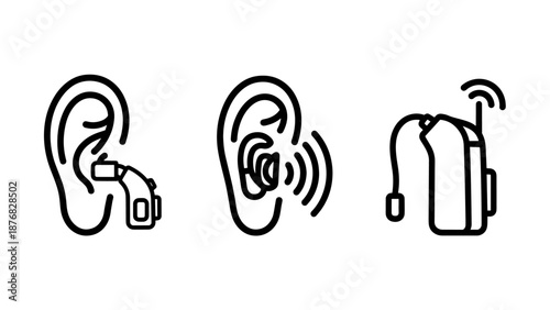 Icons representing hearing devices: behind-the-ear hearing aid, in-ear hearing aid, and wireless assistive listening device.