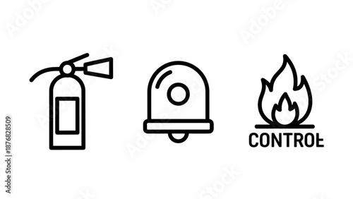 Fire safety icons: extinguisher, alarm bell, and flame symbol for control.