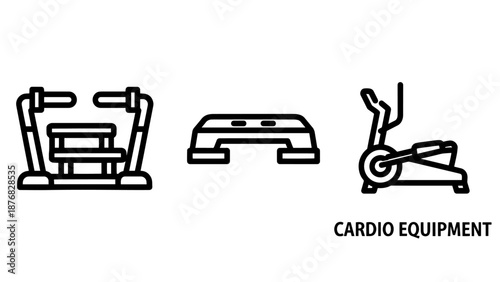 Line art icons of cardio fitness equipment: a weight machine, aerobic step, and elliptical trainer for exercise and workout concepts