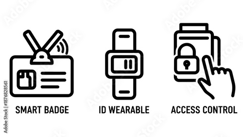 Icons for smart badge, ID wearable, and access control system representing security, identity, and entry management