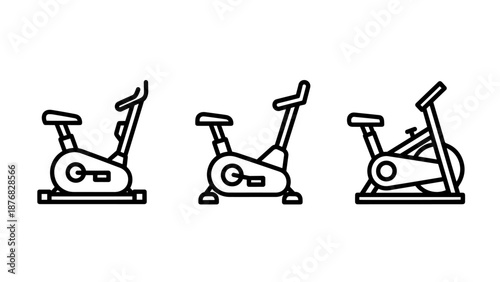 Three line art icons of exercise bikes, representing cycling workouts and indoor fitness training