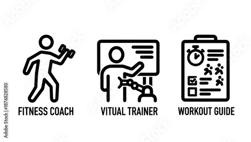 Icons depicting fitness coach, virtual trainer, and workout guide for personal training, exercise planning, and online fitness