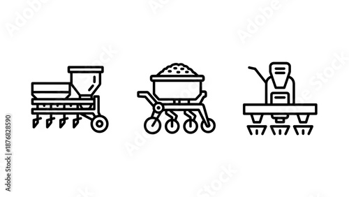 Icons representing agricultural machinery: a seed planter, a fertilizer spreader, and a sprayer for farming, planting, and crop care