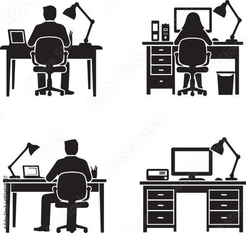 Minimalist Home Office Setup Icons, Person Sitting at Desk with Laptop and Monitor