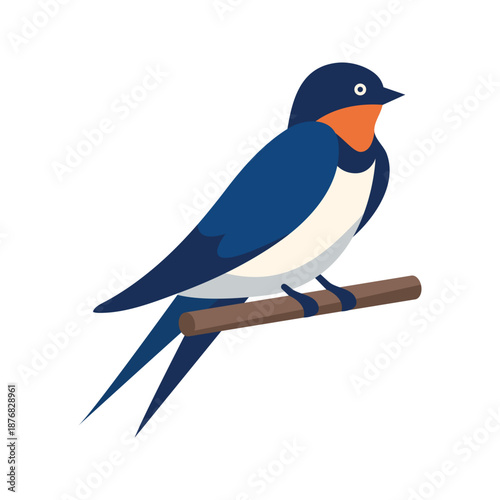 Swallow on branch Flat style vector graphic of a swallow bird sitting on a branch, ideal for themes about birds, nature, and seasons