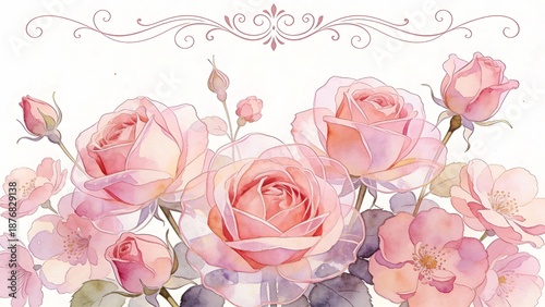 Romantic watercolor border with blooming pink roses, buds and delicate foliage on white background, elegant floral banner for wedding invitations, cards and feminine branding.