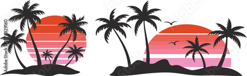 Photography Retro tropical sunset island with palm tree silhouettes vector set, for summer b