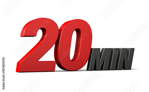 20 Min 3d text logo with a bold red number and sleek black letters, representing speed, urgency, and quick time concept on a white background. 3d illustration.