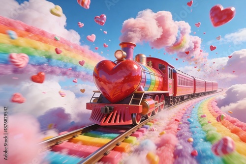 Colorful 3D fantasy train with heart shaped locomotive rides on a rainbow candy track through fluffy clouds, surrounded by flying hearts and sweet pastel smoke, romantic dream scene.