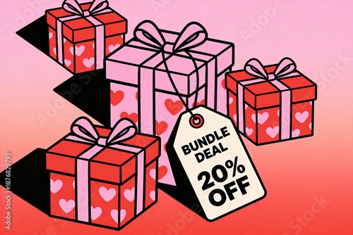 Colorful Valentine gift boxes with heart patterns and ribbons surrounding a hanging discount tag reading Bundle deal 20 off on a pink gradient background, romantic sale promotion banner.