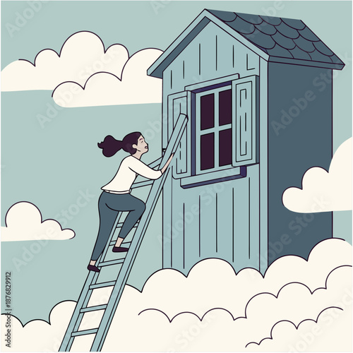 Woman climbing ladder through clouds to house window, ambition success aspiration