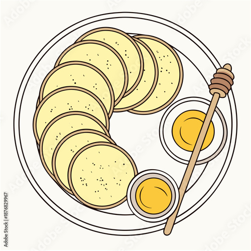 Stacked blinis pancakes with honey wooden dipper, sweet breakfast dessert plate