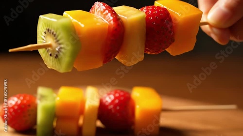 A hand lifts skewers of fresh fruit: strawberries, mango, and kiwi. Video for healthy eating blogs, party planning websites, and vegan summer cooking events, against a blurred background.