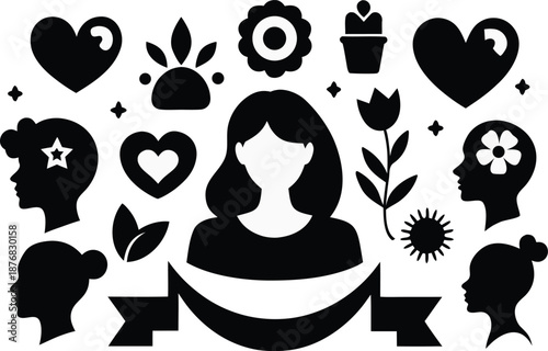 Family silhouettes with flowers isolated on transparent background, Vector, illustration